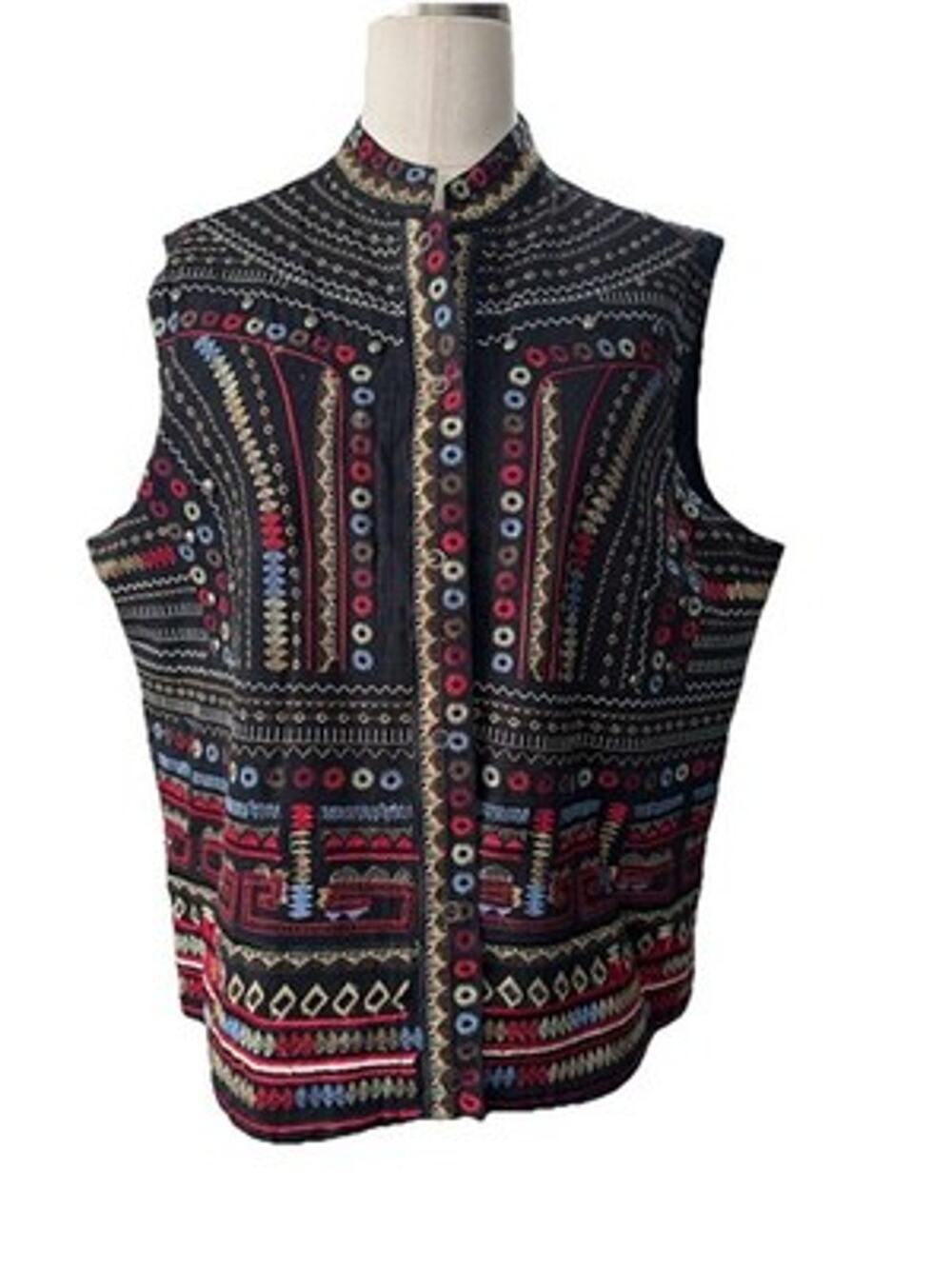 Chicos Vest Colorful Embroidered Boho Black Cotton Snap Closure Size 2 Large